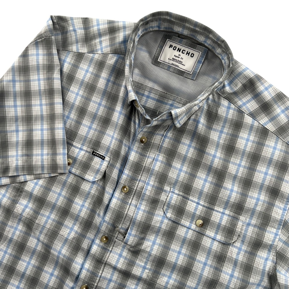 Poncho Shirt Mens XL Blue Grey Plaid Magnetic Pockets Short Sleeve Outdoor Tech